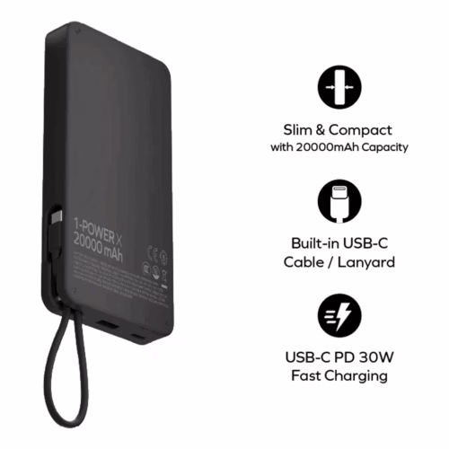 Momax รุ่น 1-Power X (20000mAh) - แบตเตอร์รี่สำรองพร้อมสาย USB-C ในตัว - สี White