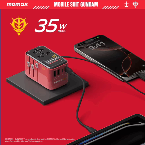 Momax หัวชาร์จ+หัวแปลงปลั๊กไฟ รุ่น 1-World+ Flow 4-Port 35W พร้อมสาย USB-C ในตัว - ลาย MS-06S-Red