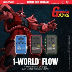 Momax หัวชาร์จ+หัวแปลงปลั๊กไฟ รุ่น 1-World+ Flow 4-Port 35W พร้อมสาย USB-C ในตัว - ลาย MS-06S-Red