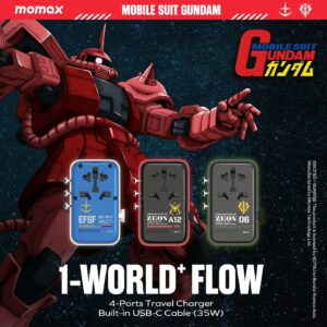 Momax หัวชาร์จ+หัวแปลงปลั๊กไฟ รุ่น 1-World+ Flow 4-Port 35W พร้อมสาย USB-C ในตัว - ลาย RX-78-2-White