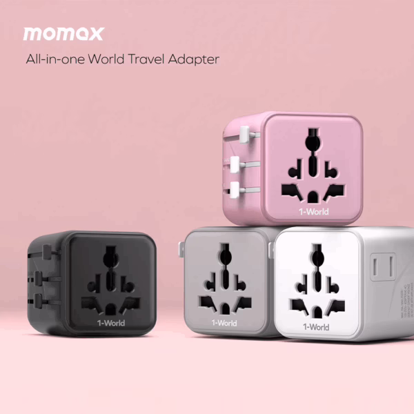 Momax หัวแปลงปลั๊กไฟ รุ่น 1‑World AC 2 ช่อง พร้อมระบบกันไฟ รองรับสูงสุด 2500W - สี Pink