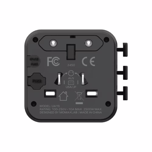 Momax หัวแปลงปลั๊กไฟ รุ่น 1‑World AC 2 ช่อง พร้อมระบบกันไฟ รองรับสูงสุด 2500W - สี Black