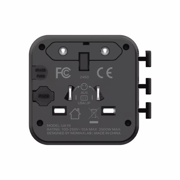 Momax หัวแปลงปลั๊กไฟ รุ่น 1‑World AC 2 ช่อง พร้อมระบบกันไฟ รองรับสูงสุด 2500W - สี Black