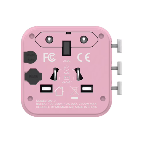Momax หัวแปลงปลั๊กไฟ รุ่น 1‑World AC 2 ช่อง พร้อมระบบกันไฟ รองรับสูงสุด 2500W - สี Pink