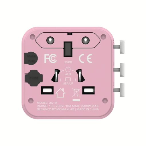 Momax หัวแปลงปลั๊กไฟ รุ่น 1‑World AC 2 ช่อง พร้อมระบบกันไฟ รองรับสูงสุด 2500W - สี Pink - Image 2