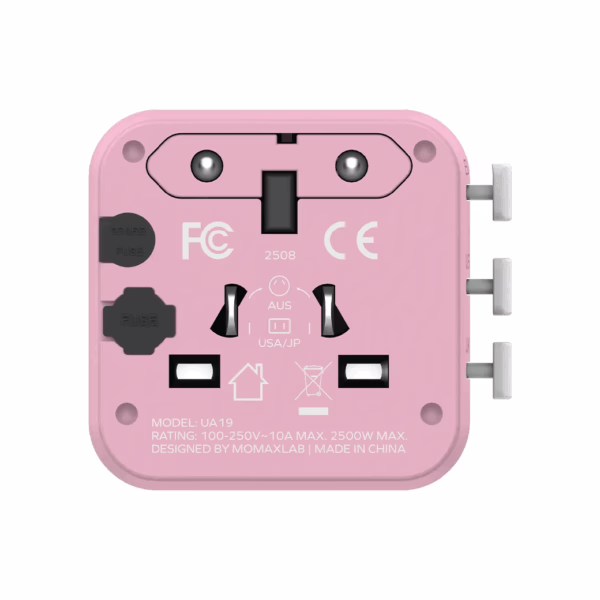 Momax หัวแปลงปลั๊กไฟ รุ่น 1‑World AC 2 ช่อง พร้อมระบบกันไฟ รองรับสูงสุด 2500W - สี Pink