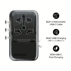 Momax หัวชาร์จ+หัวแปลงปลั๊กไฟ รุ่น 1-World+ Flow 4-Port 35W พร้อมสาย USB-C ในตัว - สี White