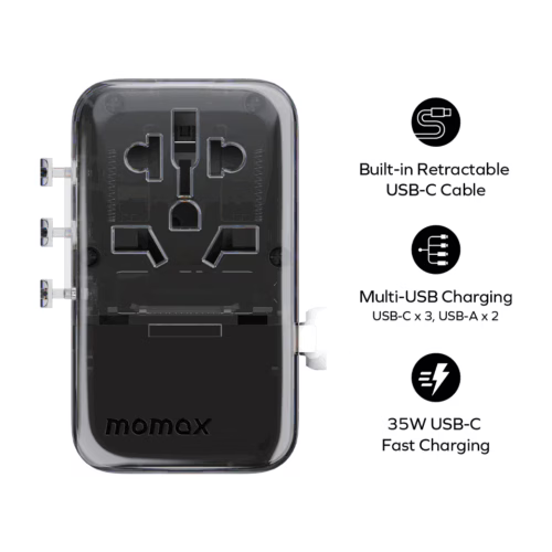 Momax หัวชาร์จ+หัวแปลงปลั๊กไฟ รุ่น 1-World+ Flow 4-Port 35W พร้อมสาย USB-C ในตัว - สี White
