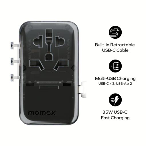 Momax หัวชาร์จ+หัวแปลงปลั๊กไฟ รุ่น 1-World+ Flow 4-Port 35W พร้อมสาย USB-C ในตัว - สี White - Image 2