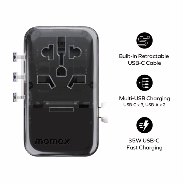 Momax หัวชาร์จ+หัวแปลงปลั๊กไฟ รุ่น 1-World+ Flow 4-Port 35W พร้อมสาย USB-C ในตัว - สี White