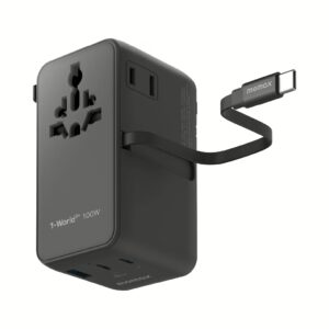 Momax หัวชาร์จ+หัวแปลงปลั๊กไฟ รุ่น 1-World2+ AC 2 ช่อง 4-Port GaN 100W รองรับ Plug Type-A พร้อมสายในตัว - สี Black