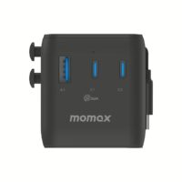 Momax หัวชาร์จ+หัวแปลงปลั๊กไฟ รุ่น 1-World2+ AC 2 ช่อง 4-Port GaN 100W รองรับ Plug Type-A พร้อมสายในตัว - สี Black