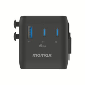 Momax หัวชาร์จ+หัวแปลงปลั๊กไฟ รุ่น 1-World2+ AC 2 ช่อง 4-Port GaN 100W รองรับ Plug Type-A พร้อมสายในตัว - สี Black
