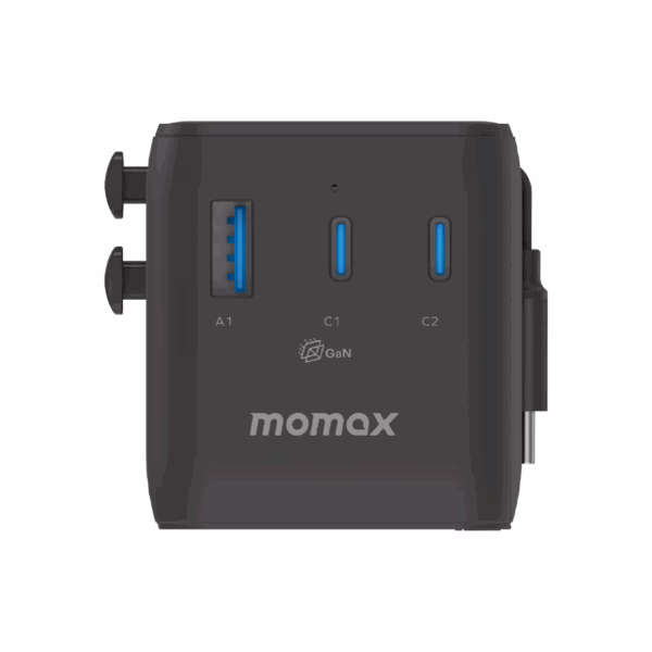 Momax หัวชาร์จ+หัวแปลงปลั๊กไฟ รุ่น 1-World2+ AC 2 ช่อง 4-Port GaN 100W รองรับ Plug Type-A พร้อมสายในตัว - สี Black