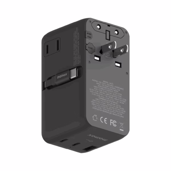 Momax หัวชาร์จ+หัวแปลงปลั๊กไฟ รุ่น 1-World2+ AC 2 ช่อง 4-Port GaN 100W รองรับ Plug Type-A พร้อมสายในตัว - สี Black