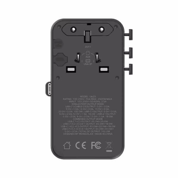 Momax หัวชาร์จ+หัวแปลงปลั๊กไฟ รุ่น 1-World2+ AC 2 ช่อง 4-Port GaN 100W รองรับ Plug Type-A พร้อมสายในตัว - สี Black