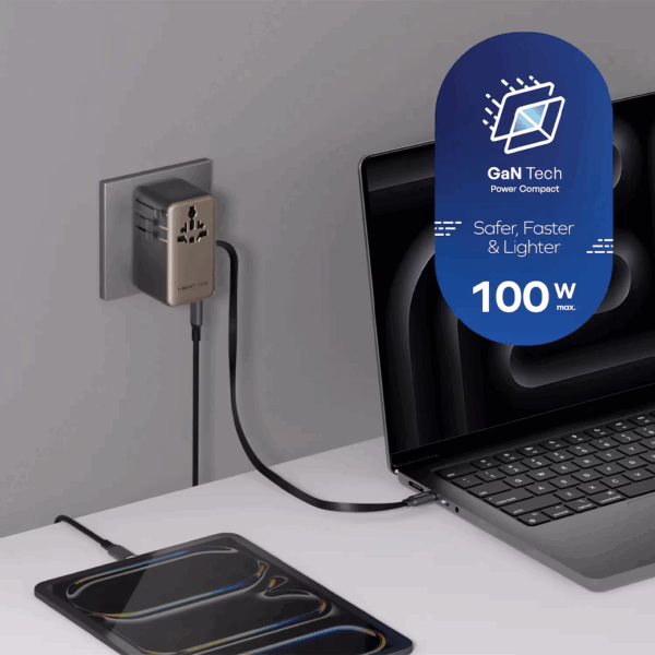 Momax หัวชาร์จ+หัวแปลงปลั๊กไฟ รุ่น 1-World2+ AC 2 ช่อง 4-Port GaN 100W รองรับ Plug Type-A พร้อมสายในตัว - สี Black