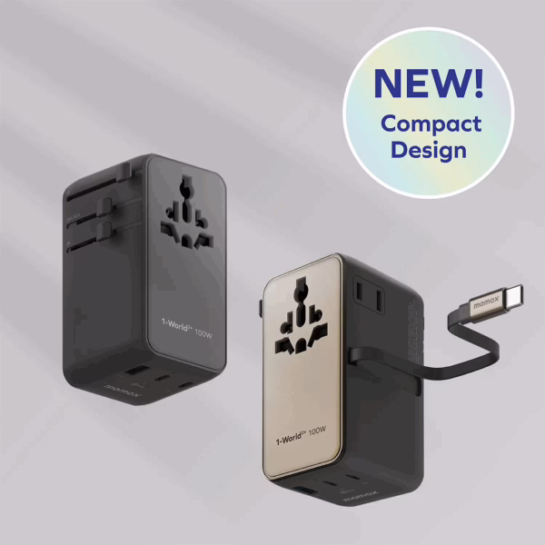 Momax หัวชาร์จ+หัวแปลงปลั๊กไฟ รุ่น 1-World2+ AC 2 ช่อง 4-Port GaN 100W รองรับ Plug Type-A พร้อมสายในตัว - สี Black