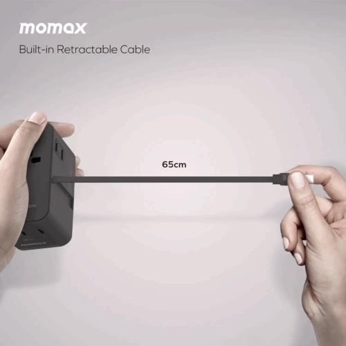 Momax หัวชาร์จ+หัวแปลงปลั๊กไฟ รุ่น 1-World2+ AC 2 ช่อง 4-Port GaN 100W รองรับ Plug Type-A พร้อมสายในตัว - สี Black
