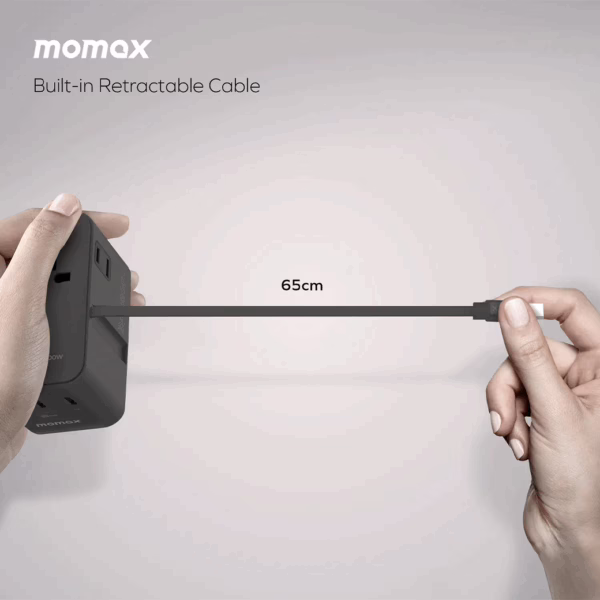Momax หัวชาร์จ+หัวแปลงปลั๊กไฟ รุ่น 1-World2+ AC 2 ช่อง 4-Port GaN 100W รองรับ Plug Type-A พร้อมสายในตัว - สี Black