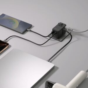 Momax หัวชาร์จ+หัวแปลงปลั๊กไฟ รุ่น 1-World2+ AC 2 ช่อง 4-Port GaN 100W รองรับ Plug Type-A พร้อมสายในตัว - สี Black