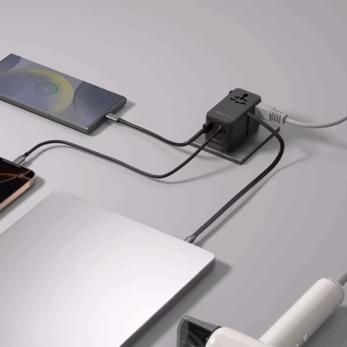 Momax หัวชาร์จ+หัวแปลงปลั๊กไฟ รุ่น 1-World2+ AC 2 ช่อง 4-Port GaN 100W รองรับ Plug Type-A พร้อมสายในตัว - สี Black