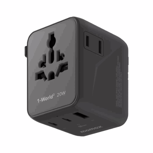 Momax หัวชาร์จ+หัวแปลงปลั๊กไฟ รุ่น 1-World2 AC 2 ช่อง 3-Port PD65W+ GAN 20W+USB-A18W รองรับ Plug Type-A - สี Black