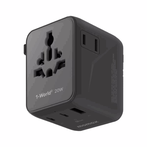 Momax หัวชาร์จ+หัวแปลงปลั๊กไฟ รุ่น 1-World2 AC 2 ช่อง 3-Port PD65W+ GAN 20W+USB-A18W รองรับ Plug Type-A - สี Black