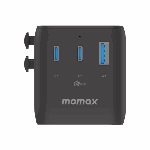 Momax หัวชาร์จ+หัวแปลงปลั๊กไฟ รุ่น 1-World2 AC 2 ช่อง 3-Port PD65W+ GAN 20W+USB-A18W รองรับ Plug Type-A - สี Black