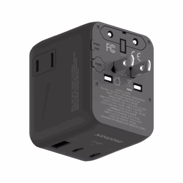 Momax หัวชาร์จ+หัวแปลงปลั๊กไฟ รุ่น 1-World2 AC 2 ช่อง 3-Port PD65W+ GAN 20W+USB-A18W รองรับ Plug Type-A - สี Black