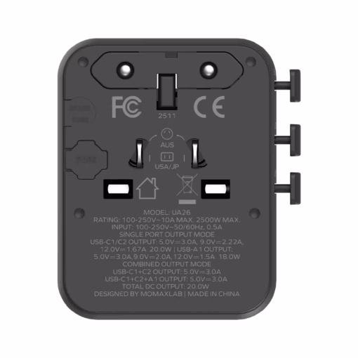 Momax หัวชาร์จ+หัวแปลงปลั๊กไฟ รุ่น 1-World2 AC 2 ช่อง 3-Port PD65W+ GAN 20W+USB-A18W รองรับ Plug Type-A - สี Black
