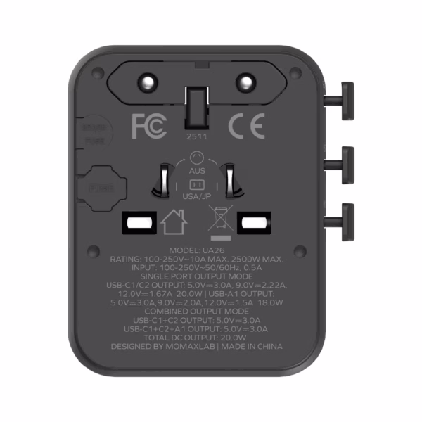 Momax หัวชาร์จ+หัวแปลงปลั๊กไฟ รุ่น 1-World2 AC 2 ช่อง 3-Port PD65W+ GAN 20W+USB-A18W รองรับ Plug Type-A - สี Black