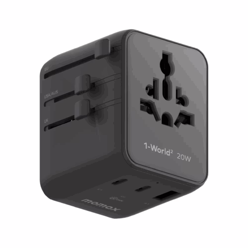 Momax หัวชาร์จ+หัวแปลงปลั๊กไฟ รุ่น 1-World2 AC 2 ช่อง 3-Port PD65W+ GAN 20W+USB-A18W รองรับ Plug Type-A - สี Black