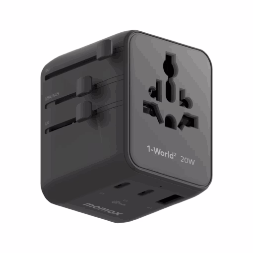 Momax หัวชาร์จ+หัวแปลงปลั๊กไฟ รุ่น 1-World2 AC 2 ช่อง 3-Port PD65W+ GAN 20W+USB-A18W รองรับ Plug Type-A - สี Black