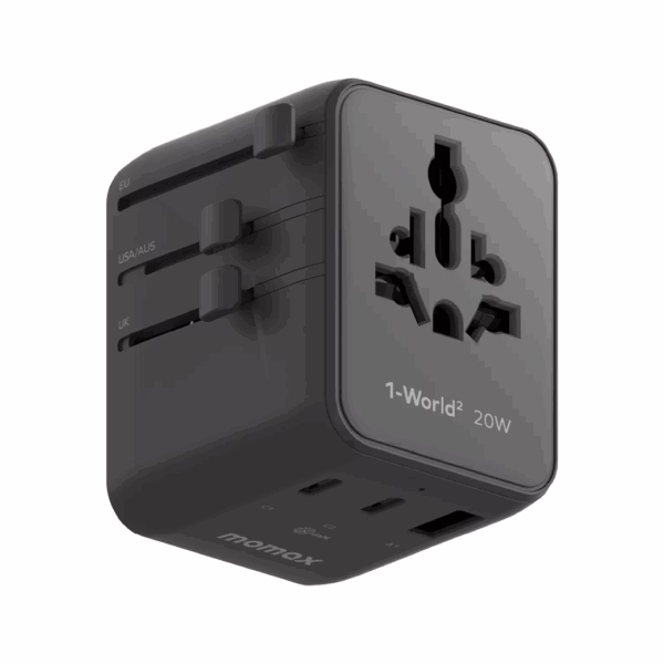 Momax หัวชาร์จ+หัวแปลงปลั๊กไฟ รุ่น 1-World2 AC 2 ช่อง 3-Port PD65W+ GAN 20W+USB-A18W รองรับ Plug Type-A - สี Black