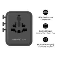 Momax หัวชาร์จ+หัวแปลงปลั๊กไฟ รุ่น 1-World2 AC 2 ช่อง 3-Port PD65W+ GAN 20W+USB-A18W รองรับ Plug Type-A - สี White