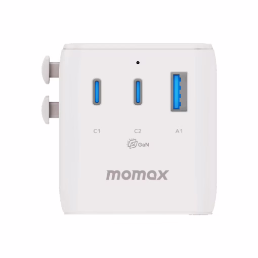 Momax หัวชาร์จ+หัวแปลงปลั๊กไฟ รุ่น 1-World2 AC 2 ช่อง 3-Port PD65W+ GAN 20W+USB-A18W รองรับ Plug Type-A - สี White