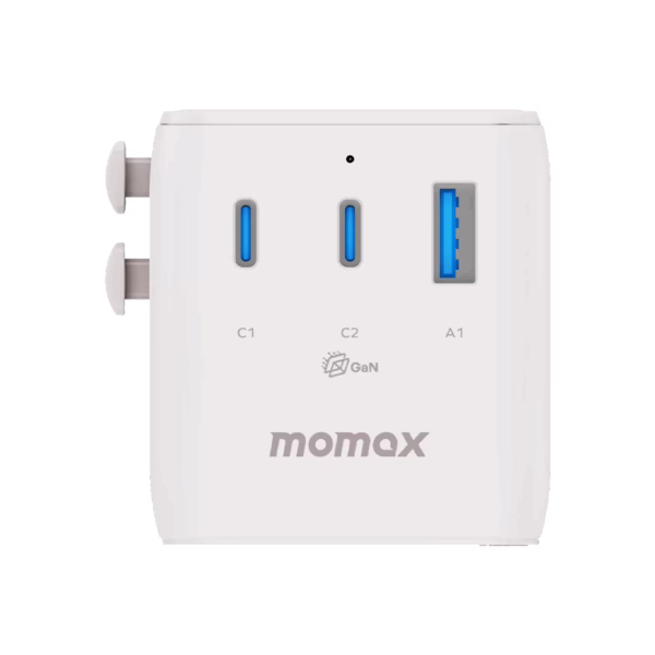 Momax หัวชาร์จ+หัวแปลงปลั๊กไฟ รุ่น 1-World2 AC 2 ช่อง 3-Port PD65W+ GAN 20W+USB-A18W รองรับ Plug Type-A - สี White
