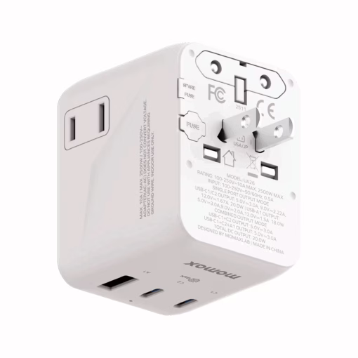 Momax หัวชาร์จ+หัวแปลงปลั๊กไฟ รุ่น 1-World2 AC 2 ช่อง 3-Port PD65W+ GAN 20W+USB-A18W รองรับ Plug Type-A - สี White