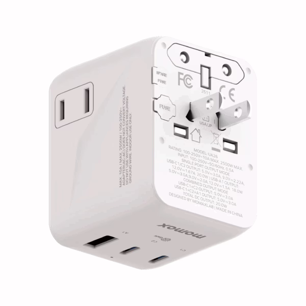 Momax หัวชาร์จ+หัวแปลงปลั๊กไฟ รุ่น 1-World2 AC 2 ช่อง 3-Port PD65W+ GAN 20W+USB-A18W รองรับ Plug Type-A - สี White