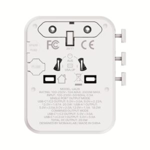 Momax หัวชาร์จ+หัวแปลงปลั๊กไฟ รุ่น 1-World2 AC 2 ช่อง 3-Port PD65W+ GAN 20W+USB-A18W รองรับ Plug Type-A - สี White