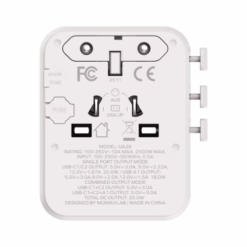 Momax หัวชาร์จ+หัวแปลงปลั๊กไฟ รุ่น 1-World2 AC 2 ช่อง 3-Port PD65W+ GAN 20W+USB-A18W รองรับ Plug Type-A - สี White