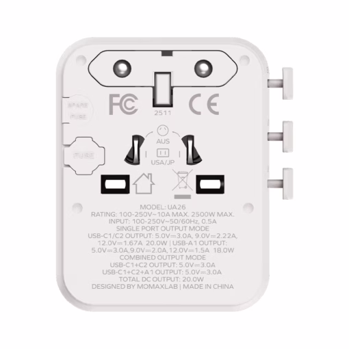 Momax หัวชาร์จ+หัวแปลงปลั๊กไฟ รุ่น 1-World2 AC 2 ช่อง 3-Port PD65W+ GAN 20W+USB-A18W รองรับ Plug Type-A - สี White
