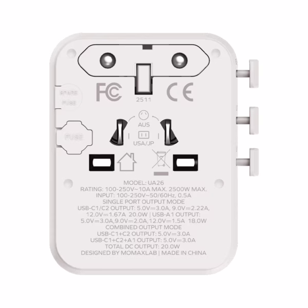 Momax หัวชาร์จ+หัวแปลงปลั๊กไฟ รุ่น 1-World2 AC 2 ช่อง 3-Port PD65W+ GAN 20W+USB-A18W รองรับ Plug Type-A - สี White