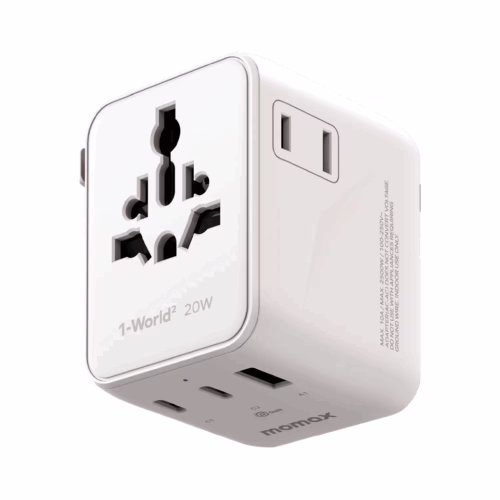 Momax หัวชาร์จ+หัวแปลงปลั๊กไฟ รุ่น 1-World2 AC 2 ช่อง 3-Port PD65W+ GAN 20W+USB-A18W รองรับ Plug Type-A - สี White