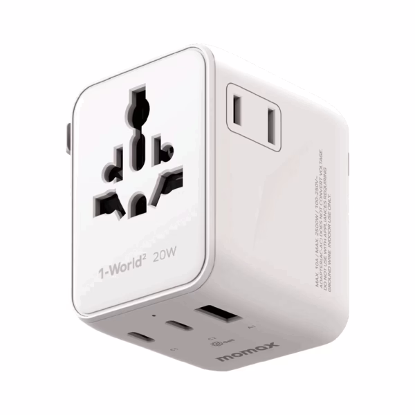 Momax หัวชาร์จ+หัวแปลงปลั๊กไฟ รุ่น 1-World2 AC 2 ช่อง 3-Port PD65W+ GAN 20W+USB-A18W รองรับ Plug Type-A - สี White