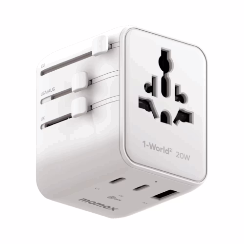 Momax หัวชาร์จ+หัวแปลงปลั๊กไฟ รุ่น 1-World2 AC 2 ช่อง 3-Port PD65W+ GAN 20W+USB-A18W รองรับ Plug Type-A - สี White