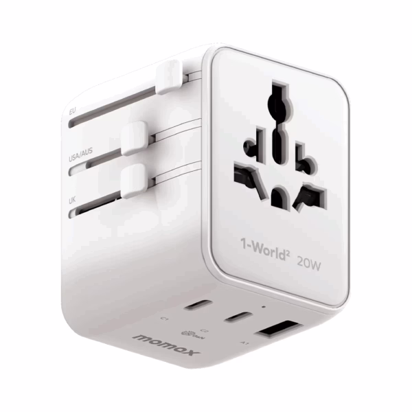 Momax หัวชาร์จ+หัวแปลงปลั๊กไฟ รุ่น 1-World2 AC 2 ช่อง 3-Port PD65W+ GAN 20W+USB-A18W รองรับ Plug Type-A - สี White