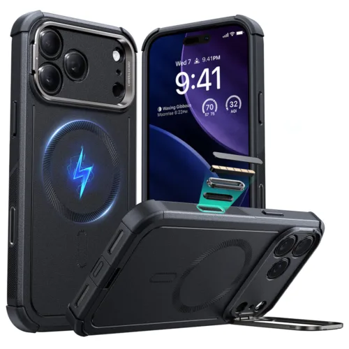 ESR รุ่น Cyber Tough Case with Stash Stand (Camera Control Button) - เคส iPhone 17 Pro - สี Black