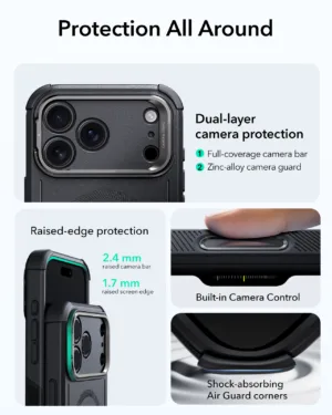 ESR รุ่น Cyber Tough Case with Stash Stand (Camera Control Button) - เคส iPhone 17 Pro - สี Black